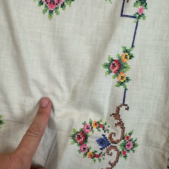 Vintage Cross Stitch Rectangle Table Runner Cover White Blue PInk Floral - Picture 7 of 7